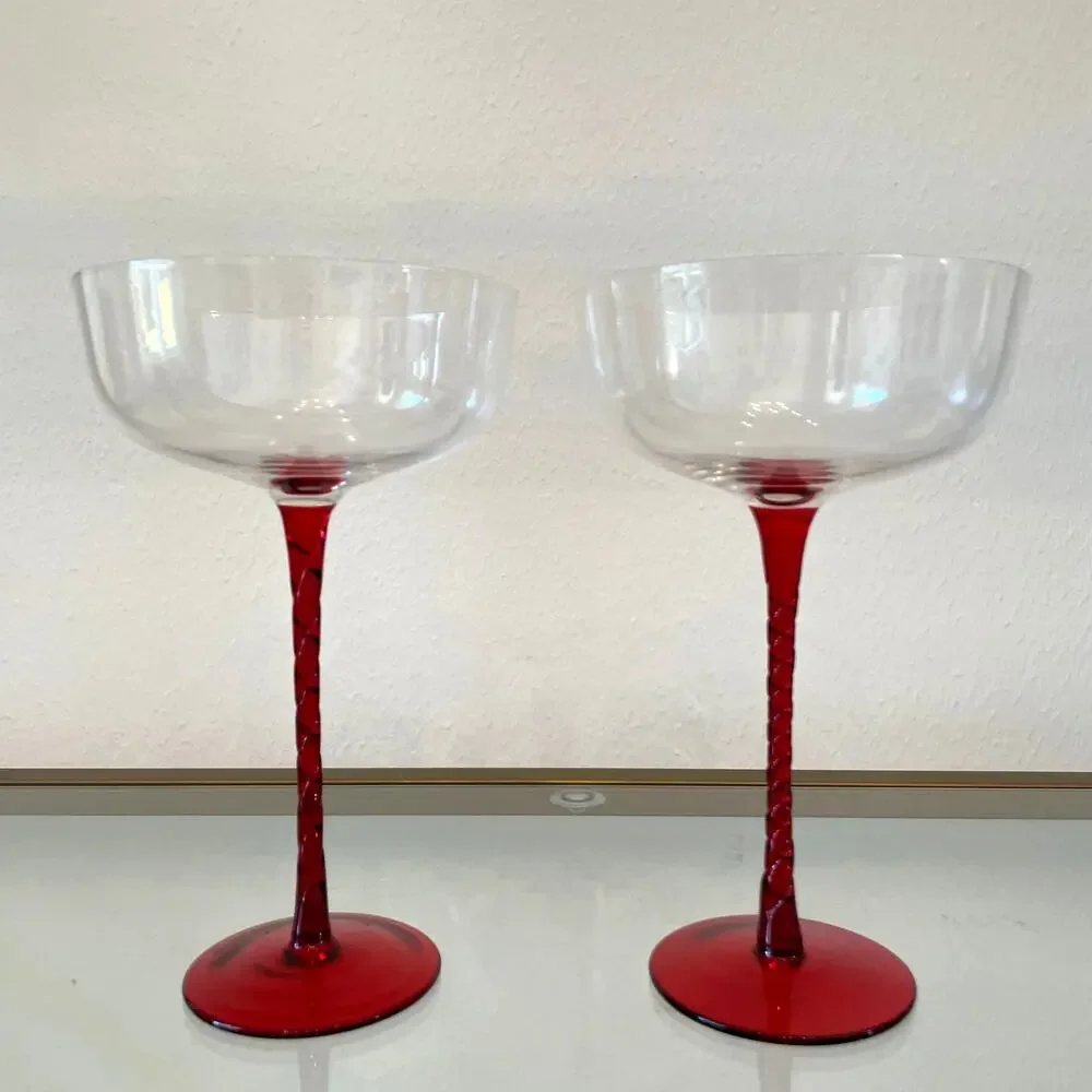 Set of 2 Coupe Martini Glasses with Ruby Red Textured Long Stem NEW